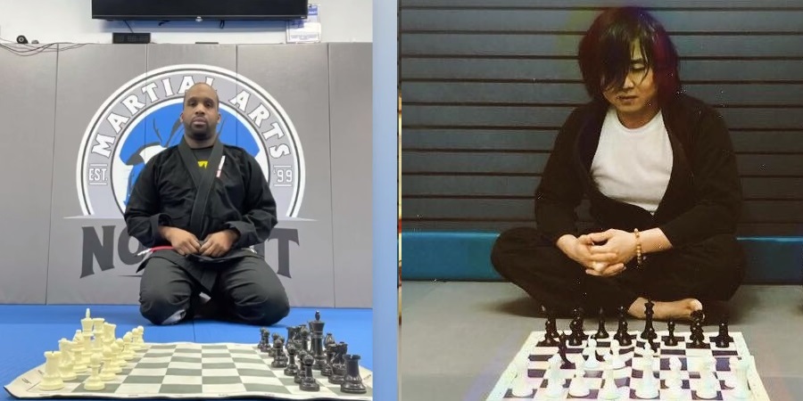Two ChessJitsu players seated behind chessboards